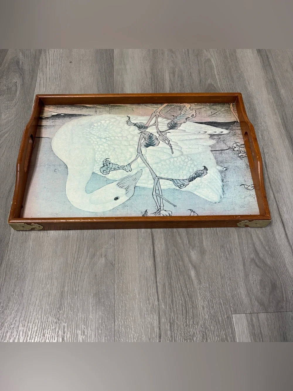 Vintage Cottage Core Farmhouse Wooden Swan Food Tray with Brass Handle Corners